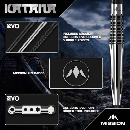 Fléchettes en acier Mission Katana Mission Katana Steeldarts sind hochwertige Steeldarts. Auf dem Bild ist das Produkt aus nächster Nähe zu sehen.