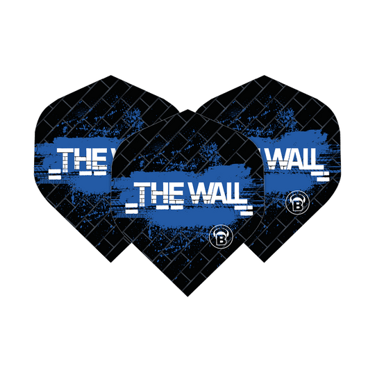 Das Bild zeigt drei schwarze Dart-Flights mit blauen Akzenten und der Aufschrift „THE WALL“. Es handelt sich um die Bulls B-Star Martin Schindler Black Blue No2 Standard Flights.