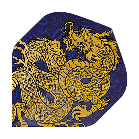 Vols de Pentathlon Dragon bleu Das Bild zeigt ein Dart-Flight mit einem goldenen Drachenmotiv auf dunkelblauem Hintergrund. Es handelt sich um das Produkt "Pentathlon Dragon 4 Standard Flights".