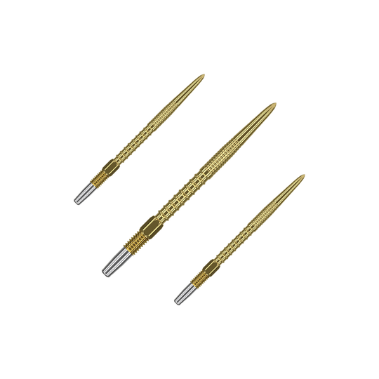 Pointes de fléchettes Target Swiss Firepoint Gold Das Bild zeigt drei goldfarbene Dartspitzen mit silbernem Gewinde am Ende. Sie sind schlank und haben eine strukturierte Oberfläche für besseren Halt.