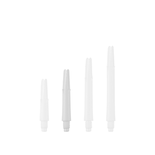 Arbres en L verrouillés droits - Blanc Auf dem Bild sind vier weiße, gerade Dartschäfte in unterschiedlichen Längen zu sehen. Sie stehen nebeneinander aufrecht auf einem grünen Hintergrund.