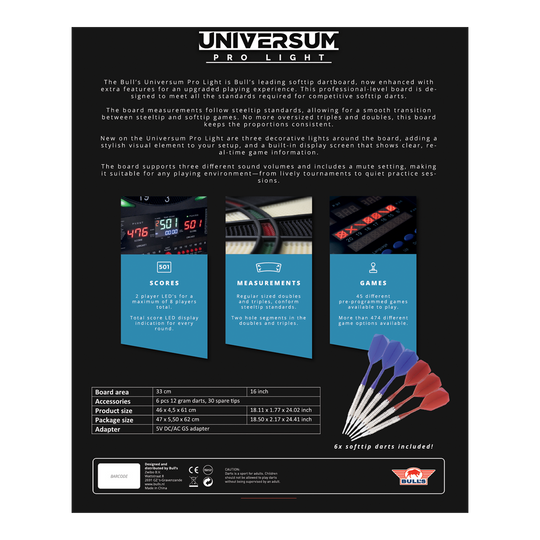 Cible de fléchettes électronique Bulls NL Universum Pro Light - Bleu Rouge Auf dem Bild ist das Bulls NL Universum Pro Light Elektronisches Dartboard - Blau Rot zu sehen. Es eignet sich perfekt für Darts-Spiele zu Hause.