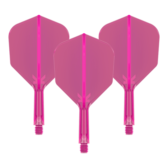 Système de vol Target K-Flex No6 - Rose fluo Das Bild zeigt drei neonpinke Dart-Flights mit angesetzten Schäften. Sie sind nebeneinander angeordnet und haben ein transparentes Design.
