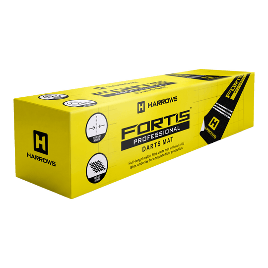 Harrows Fortis Dartteppich in Gelb ist zu sehen. Der Teppich zeigt das typische Design für Dart-Bereiche.