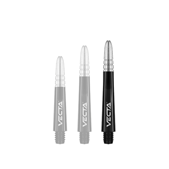 Winmau Vecta Shafts - Schwarz Silber Auf dem Bild sind drei schwarze und silberne Dartschäfte der Marke Vecta zu sehen. Sie haben eine glänzende Oberfläche und sind jeweils mit dem Schriftzug "VECTA" versehen.