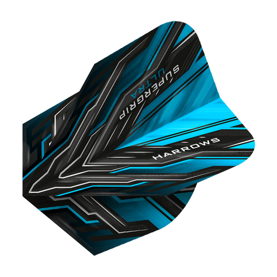 Das Bild zeigt das Produkt "Harrows Supergrip Ultra Aqua Standard Flights". Die Dart-Flights sind überwiegend schwarz und blau mit modernen, grafischen Mustern.
