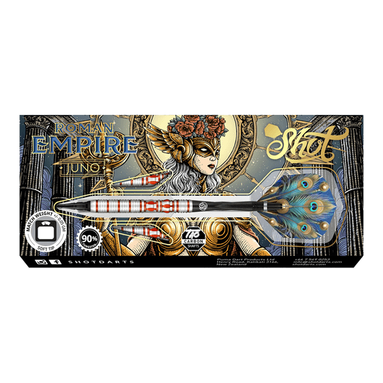 Fléchettes souples Juno de l'Empire romain Das Bild zeigt die Verpackung der Shot Roman Empire Juno Softdarts. Auf der Verpackung ist ein kunstvolles Design mit einer Kriegerin und auffälligen Farben abgebildet.