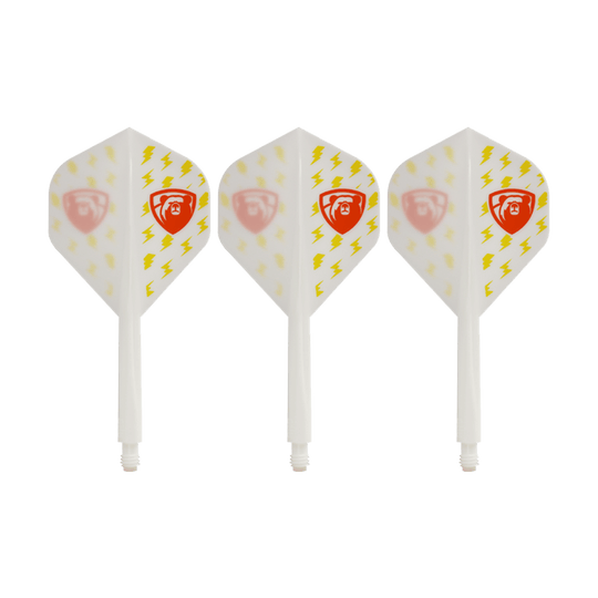 Système de vol Condor AX Thunderbolt Blanc - Standard Das Bild zeigt drei weiße Dartflights des Condor AXE Thunderbolt White Flight-Systems in Standardform. Die Flights sind mit gelben Blitzen und einem roten Schild-Logo verziert.