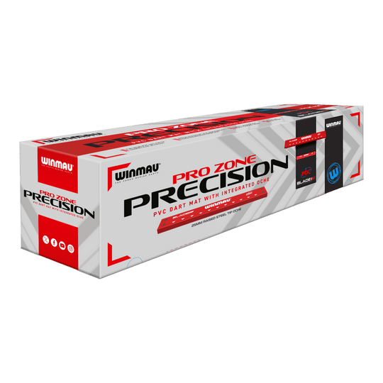 Tapis de fléchettes Winmau Pro-Zone Precision Blade 6 avec Oche Die Abbildung zeigt die Verpackung der "Winmau Pro-Zone Precision Blade 6 Dartmatte mit Oche". Auf der Verpackung steht, dass es sich um eine PVC-Dartmatte mit integriertem Oche handelt.