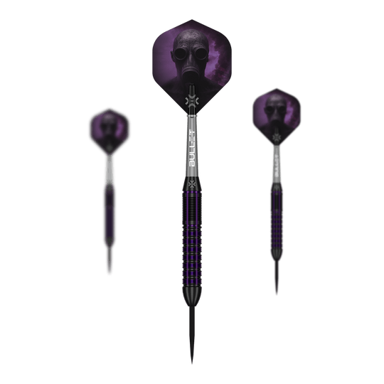 Fléchettes Bullet Toxic en laiton et acier - 23 g Das Bild zeigt das Set Bullet Toxic Brass Steeldarts - 23g. Das Set enthält mehrere Steeldart-Pfeile aus Messing.