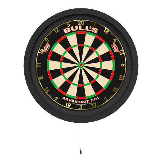 Système d'éclairage d'ambiance Bulls NL Lumo 2 Das Bild zeigt eine Dartscheibe mit einer runden, beleuchteten Umrandung. Es handelt sich um das Produkt „Bulls NL Lumo 2 Light Surround Beleuchtungssystem“.