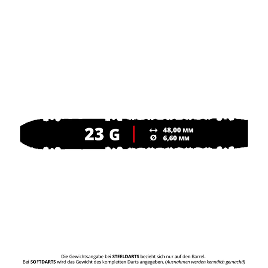 Abgebildet ist ein Satz Caliburn Wolfpack W1 Steeldarts mit einem Gewicht von 23 Gramm. Diese Darts sind ideal für präzises Dartspiel geeignet.