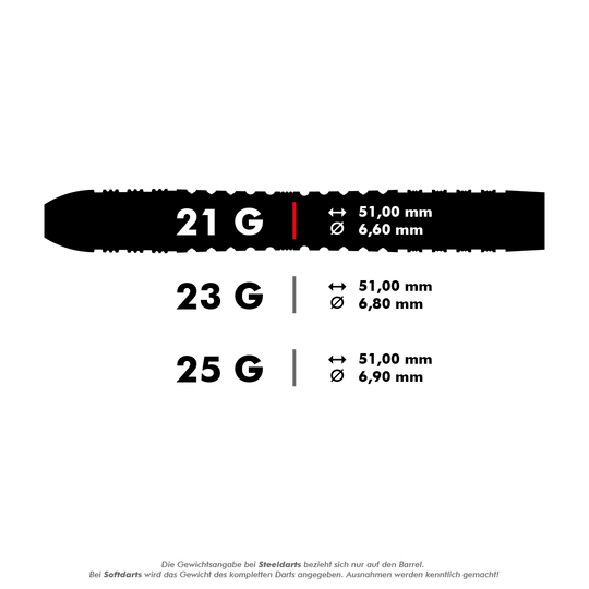 Fléchettes en acier Target Bolide Void 04 Swiss Point Das Bild zeigt drei verschiedene Gewichte von Steeldarts: 21 g, 23 g und 25 g, jeweils mit einer Länge von 51 mm. Die Durchmesser variieren je nach Gewicht zwischen 6,60 mm, 6,80 mm und 6,90 mm.