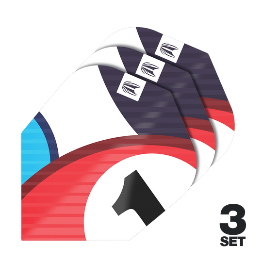 Ailettes Target Pro Ultra Chicane Blue No6 - 3 jeux Das Bild zeigt drei Sets von Target Pro Ultra Chicane Blue No6 Flights für Darts. Auf den Flights sind rote, blaue und schwarze Designelemente sowie die Zahl 1 zu sehen.