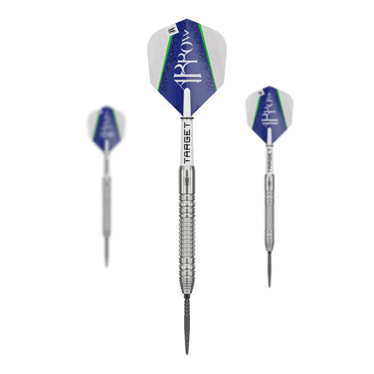 Fléchettes en acier Target Shane McGuirk GEN1 Swiss Point - 23 g Das Bild zeigt drei Steeldarts des Modells "Target Shane McGuirk GEN1 Swiss Point - 23g". Die Darts haben silberne Spitzen und Schäfte sowie blau-weiße Flights mit grünen Akzenten.