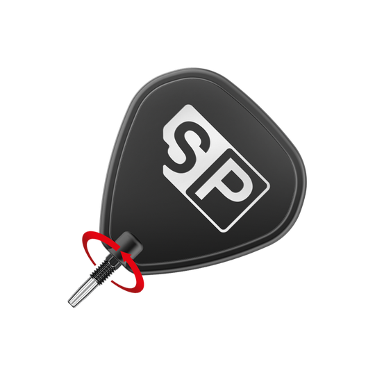 Pointes de fléchettes Target Swiss Point RVE - Noires Das Bild zeigt eine schwarze Dartspitze mit der Aufschrift "SP" in Weiß. Ein roter Pfeil deutet auf die Richtung hin, in der die Spitze eingedreht werden soll.