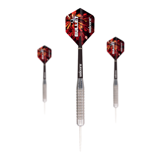 Fléchettes en acier Unicorn Bullet Gary Anderson - 22 g Das Bild zeigt drei Steeldarts des Modells "Unicorn Bullet Gary Anderson - 22g". Die Darts haben silberne Spitzen, geriffelte Griffe und rot-schwarze Flights mit der Aufschrift "BULLET".