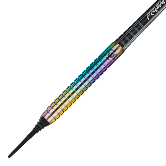 Fléchettes souples Winmau Foxfire Urban - 20 g Das Bild zeigt einen Winmau Foxfire Urban Softdart mit einem Gewicht von 20 Gramm. Der Dart hat eine bunte, metallisch schimmernde Oberfläche mit feinen Rillen für besseren Halt.