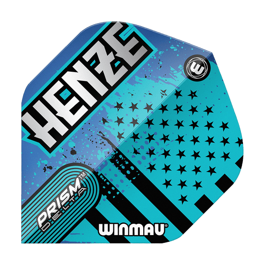 Das Bild zeigt ein Winmau Prism Delta Rick Henze Standard Flight in blau-schwarzem Design. Auf dem Flight stehen die Wörter "HENZE", "PRISM DELTA" und "WINMAU".