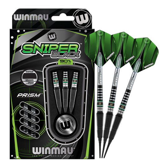 Fléchettes souples Winmau Sniper Black 2025 - 20 g Das Bild zeigt die Winmau Sniper Black 2025 Softdarts mit einem Gewicht von 20g. Die Darts sind schwarz und grün gestaltet und werden in einer Verpackung mit drei Stück präsentiert.