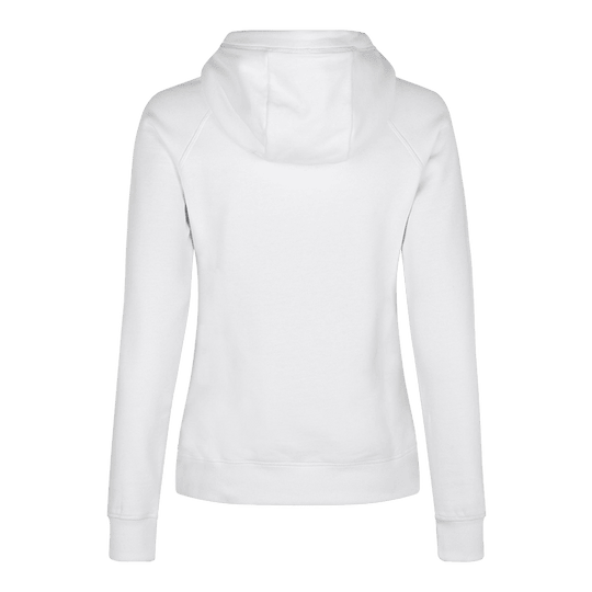 Sweat à capuche Femme Barrels and Shafts - Blanc Dies ist ein weißer Damen-Hoodie, der von hinten zu sehen ist. Das schlichte Design zeigt lange Ärmel und eine Kapuze.