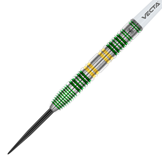 Fléchettes en acier Winmau Xenon Das Bild zeigt einen Winmau Xenon Steeldart. Der Dartpfeil hat ein silbernes Griffstück mit grünen und goldenen Ringen.