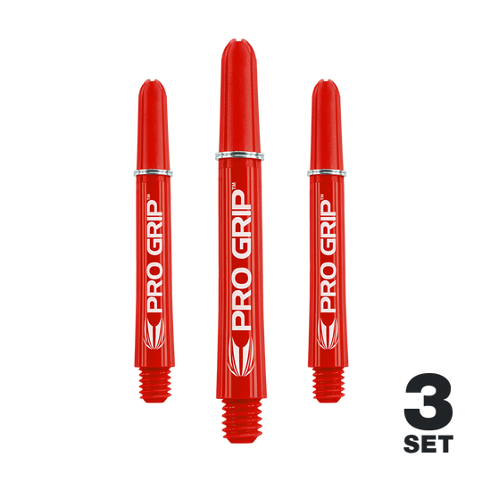 Tiges Target Pro Grip - 3 jeux - Rouge Auf dem Bild sind drei rote PRO GRIP Shafts für Darts zu sehen. Unten rechts steht "3 SET," was darauf hinweist, dass es sich um ein Set mit drei Stück handelt.