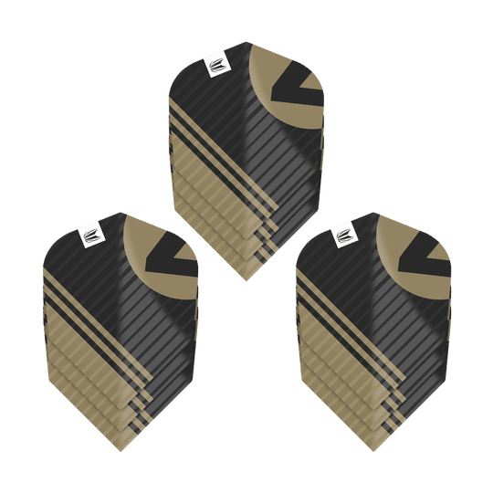 Das Bild zeigt drei Sätze Target Pro Ultra Chicane Black No6 Flights. Die Flights sind schwarz mit goldenen und schwarzen Mustern gestaltet.