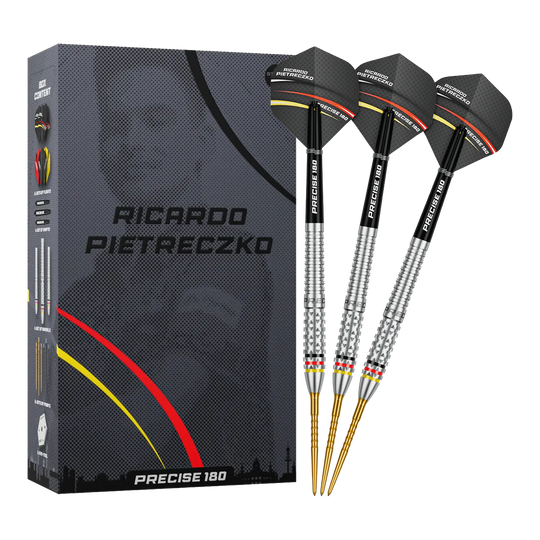 Fléchettes en acier Precise 180 Ricardo Pietreczko GEN1 Vollansicht der Precise 180 Ricardo Pietreczko GEN1 Steeldarts. Diese Darts sind für Präzision und Kontrolle entwickelt.