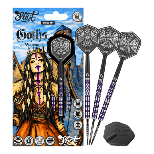 Fléchettes en acier Shot Goths Visara Turbo Point - 23 g Das Produkt zeigt die Shot Goths Visara Turbo Point Steeldarts - 23g in voller Ansicht. Diese Steeldarts stehen für Qualität und Zuverlässigkeit beim Dartspiel.
