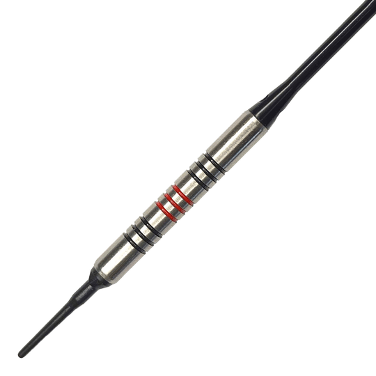 Fléchettes souples McDart 85 Tungstène V11 - 17,5 g Dies ist ein McDart 85er Tungsten V11 Softdart mit einem Gewicht von 17,5g. Der Dart hat einen silbernen Körper mit schwarzen und roten Ringen.