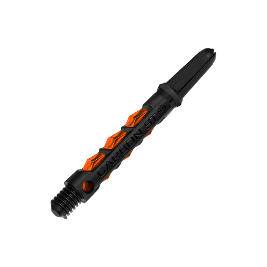 Das Bild zeigt einen Harrows Carbon ST Shaft in Orange. Der Schaft hat ein modernes Design mit schwarzen und orangefarbenen Elementen.