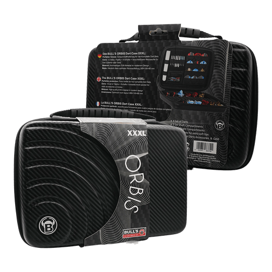 Étui à fléchettes Bulls Orbis XXL - gris carbone Das Bild zeigt das Produkt "Bulls Orbis XXL Dartcase - Carbongrey" in schwarzer Carbon-Optik. Das Dartcase ist groß und bietet Platz für mehrere Dart-Sets und Zubehör.