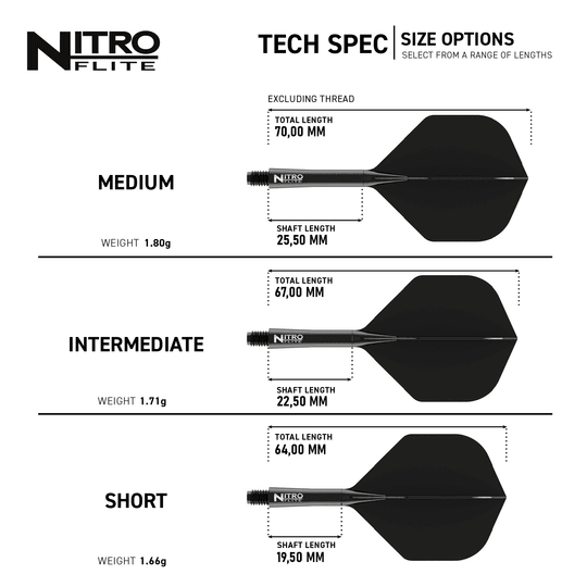 Ailettes Red Dragon Nitroflite - Tige noire, ailettes noires n°2 Das Bild zeigt die verschiedenen Größenoptionen des Produkts "Red Dragon Nitroflite - Black Shaft Black No2 Flights" mit technischen Spezifikationen. Es werden die Längen und Gewichte der Ausführungen Medium, Intermediate und Short dargestellt.