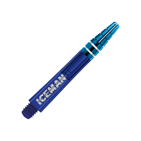 C810_Red_Dragon_Nitrotech_Gerwyn_Price_Blue_Shafts_36mm_2 Auf dem Bild ist ein blauer Dart-Schaft zu sehen. Auf dem Schaft steht das Wort "ICEMAN" in weißen Buchstaben.