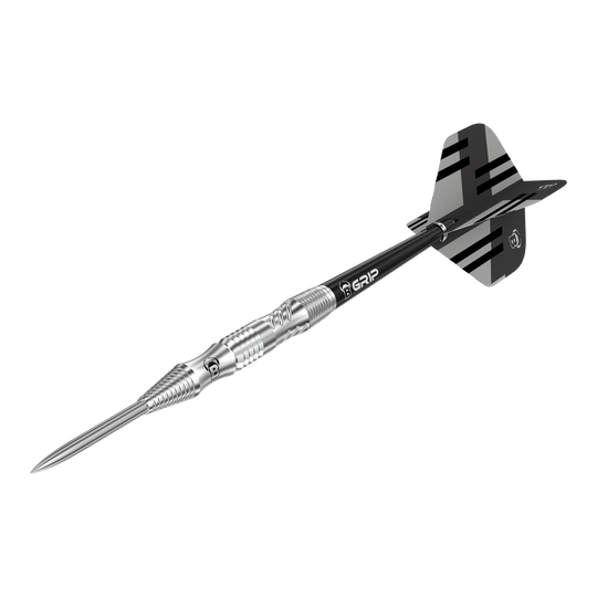 Fléchettes en acier Bulls Tac T1 Das Bild zeigt einen Bulls Tac T1 Steeldart. Der Dart hat eine silberne Spitze und ein schwarzes Flight-Design mit Streifen.