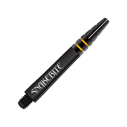 Das Bild zeigt einen schwarzen Dart-Schaft mit der Aufschrift "Snakebite". Es handelt sich um den "Red Dragon Nitrotech Peter Wright Shaft Schwarz" in der Länge von 39 mm.