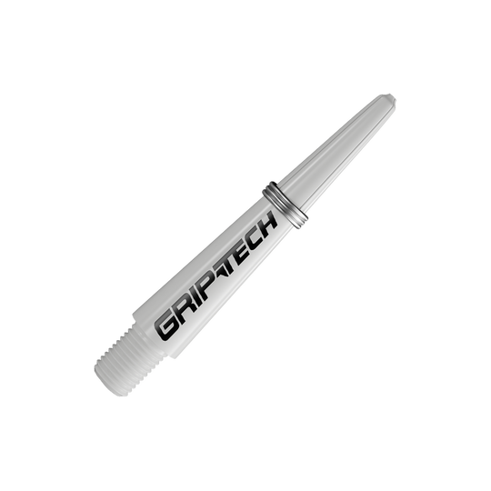 Tiges GOAT Griptech - Blanches Das Bild zeigt einen weißen Dart-Schaft mit der Aufschrift "GRIPTECH". Der Schaft hat ein Gewinde an einem Ende und einen silbernen Ring in der Mitte.