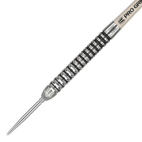 Fléchettes en acier Target EXO SP01 Swiss Point Das Bild zeigt einen Target EXO SP01 Swiss Point Steeldart. Der Dart hat ein silbernes, geriffeltes Barrel und eine spitze Stahlspitze.