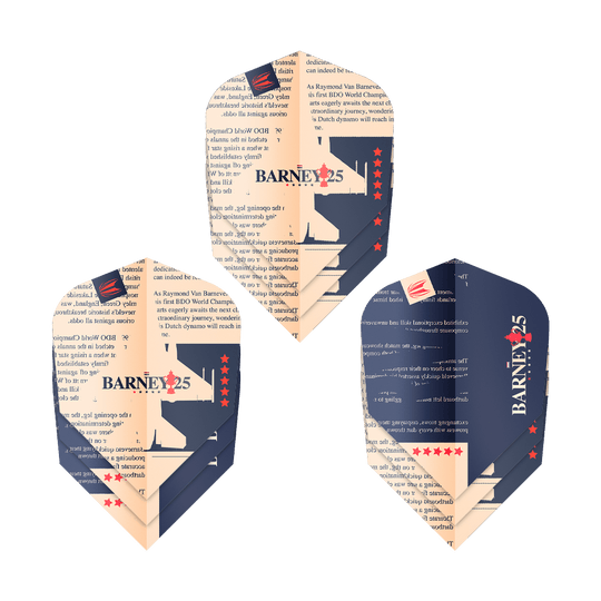 Target ProUltra Raymond Van Barneveld Barney25 Vols Ten-X Das Bild zeigt drei Dart-Flights mit dem Design „BARNEY25“ und Sternen. Sie sind in den Farben Dunkelblau und Beige gehalten und tragen Text sowie ein Logo.