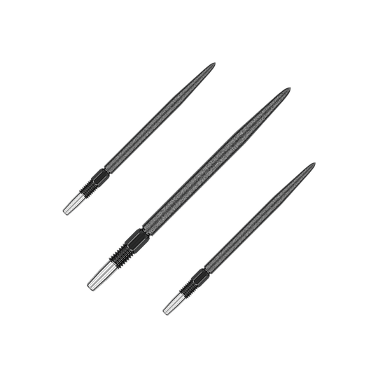 Pointes de fléchettes Target Swiss Point SLK - Noires Das Bild zeigt drei schwarze Dartspitzen, die nebeneinander liegen. Sie haben eine metallische Spitze und einen geriffelten Abschnitt am Ende.