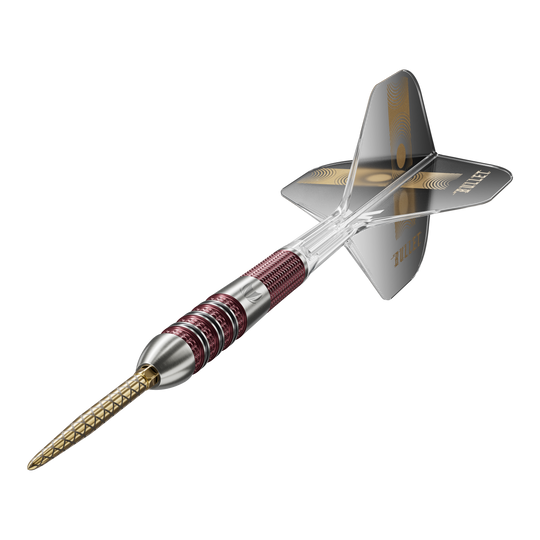 Fléchettes en acier à pointe suisse Target Stephen Bunting 95K Das Bild zeigt einen Target Stephen Bunting 95K Swiss Point Steeldart. Der Dartpfeil hat einen metallic-roten Griff, eine goldene Spitze und schwarze Flights mit dem Schriftzug "BULLET".