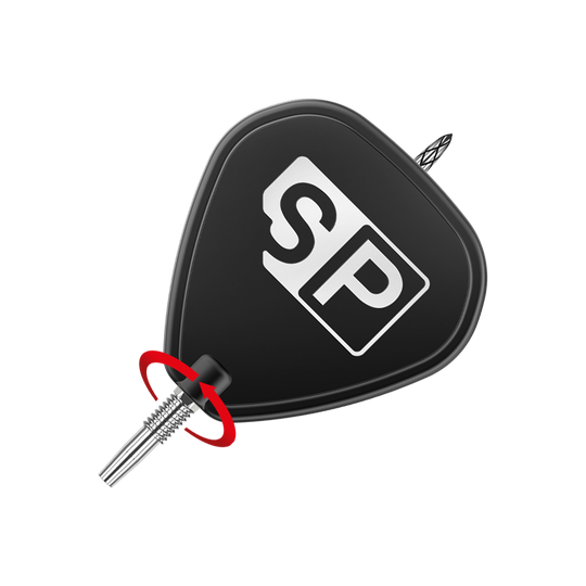 Target Swiss DS Surge Point Pointes de fléchettes - Argent Das Bild zeigt die Spitze eines Dartpfeils mit einem schwarzen Flight, auf dem die Buchstaben "SP" in Weiß abgebildet sind. Ein roter Pfeil weist auf den Befestigungspunkt der Spitze hin.