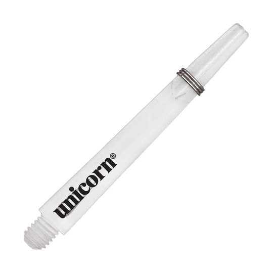 Tiges Unicorn Gripper 3 Mirage - Transparentes - 44,2 mm Das Bild zeigt einen klaren Unicorn Gripper 3 Mirage Shaft mit einer Länge von 44,2 mm. Auf dem Schaft ist das Wort "unicorn" aufgedruckt.