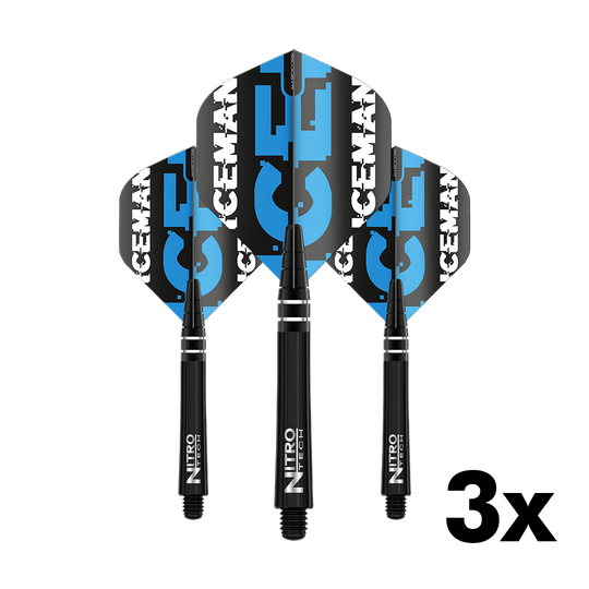 Das Bild zeigt das 'Red Dragon Gerwyn Price Flight Shaft Combo Pack V2' mit drei schwarzen Dartschäften und passenden Flights. Auf den Flights steht in blau-weißer Schrift "ICEMAN".