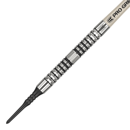 Fléchettes souples Target EXO 10 Das Bild zeigt einen Target EXO 10 Softdart. Der Dartpfeil hat ein silbernes, gerilltes Griffstück und eine schwarze Kunststoffspitze.