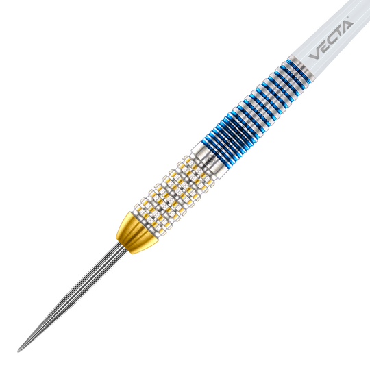Fléchettes en acier Winmau Steve Beaton Legend Series Das Bild zeigt einen Winmau Steve Beaton Legend Series Steeldart. Der Dart hat ein silbernes, goldfarbenes und blaues Design mit einer strukturierten Griffzone.
