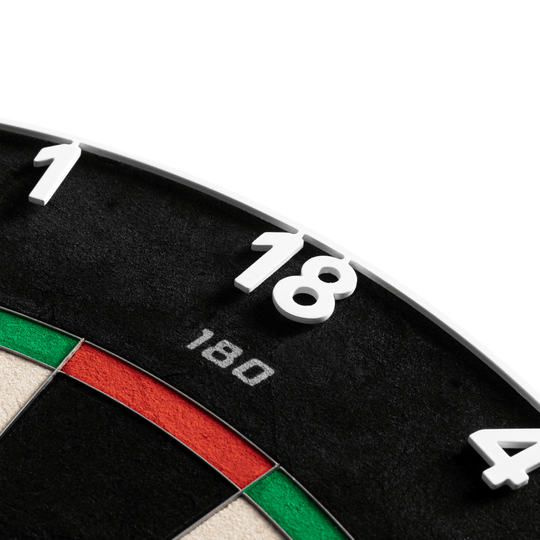 Cible de fléchettes Precise 180 Endorphine en acier avec anneau numéroté - Blanc classique Das Precise 180 Endorphine Steeldartboard mit Nummernring in Weiß ist auf dem Bild zu erkennen. Die hochwertige Steeldartscheibe eignet sich für den professionellen Einsatz.