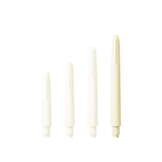 578_Nylon_Shafts_Naturweiss_48mm_1lhq0dozGcBTMT Das Bild zeigt vier Nylon-Schäfte in Naturweiß, die nebeneinander in unterschiedlichen Längen angeordnet sind. Jeder Schaft hat ein Schraubgewinde am unteren Ende.