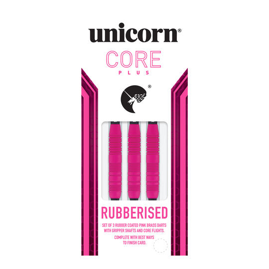 Fléchettes souples Unicorn Core Plus en caoutchouc rose - 19 g Das Bild zeigt eine Packung der "Unicorn Core Plus Rubberised Pink Softdarts - 19g". In der Verpackung befinden sich drei pinke, gummierte Softdarts.